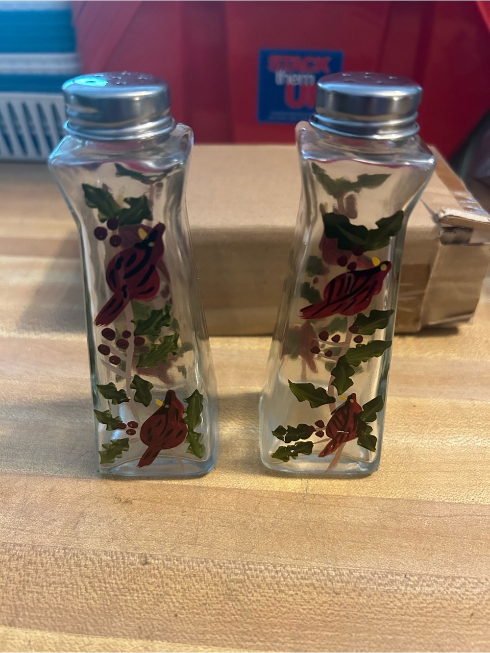 Hand-Painted Glass Salt & Pepper Shakers with Red Cardinals